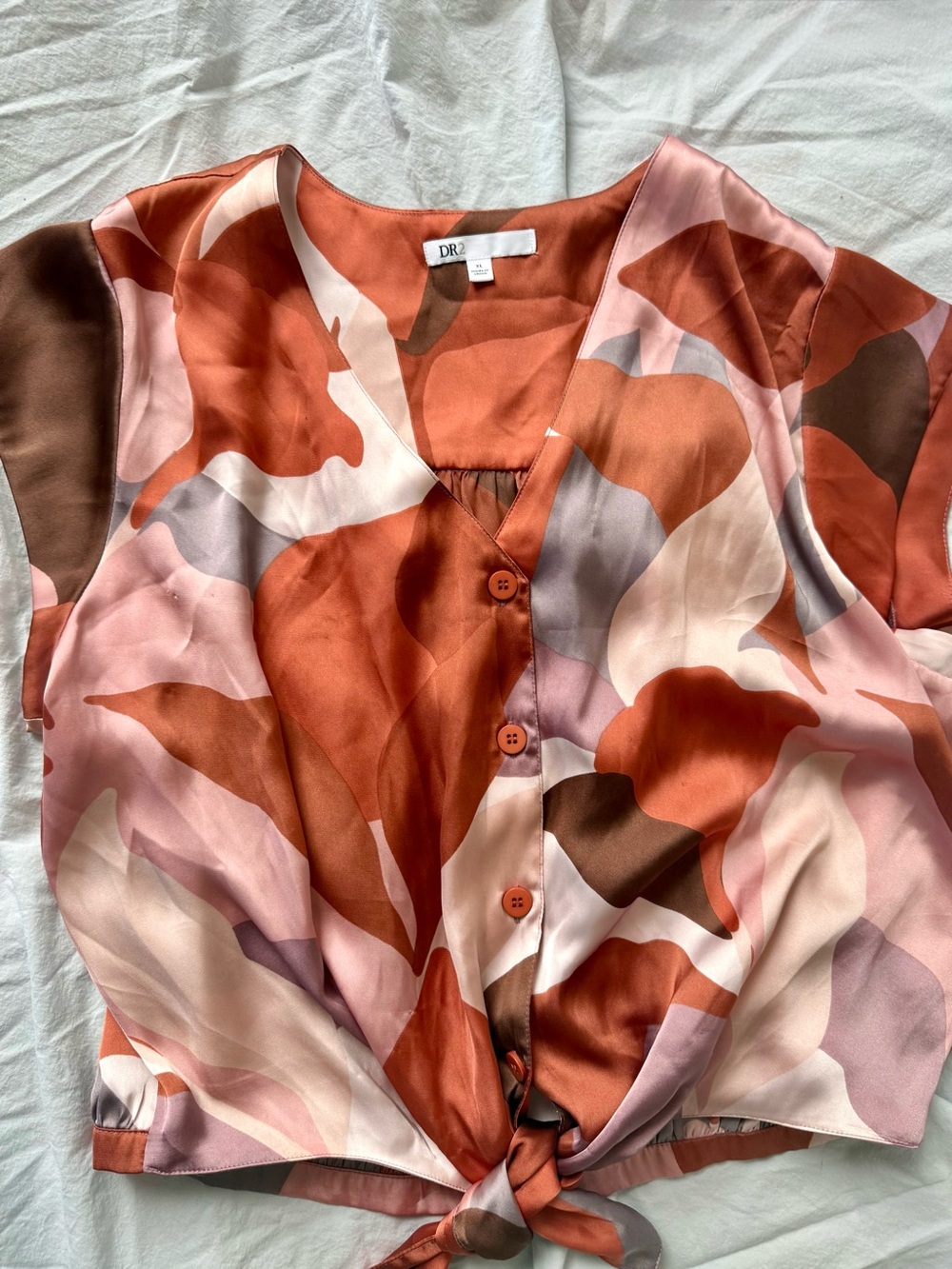 DR2 Rust Pink Brown Abstract Tie-Front Blouse